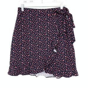 Loft Wrap Front A-Line Mini Skirt Womens Size 2P Navy Blue Red Ladybug Print